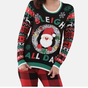 No Boundaries Sleigh All Day Christmas Sweater Womens size Medium Black Ugly NEW